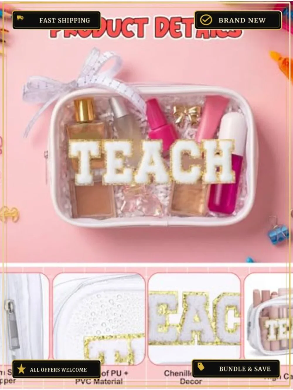 Teacher Appreciation Gift Set 6 Clear Makeup Bags PVC Waterproof Cosmetic Pouch